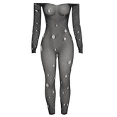 Durchsichtiger, enger, schulterfreier, langärmliger Jumpsuit aus zerrissenem Netzstoff